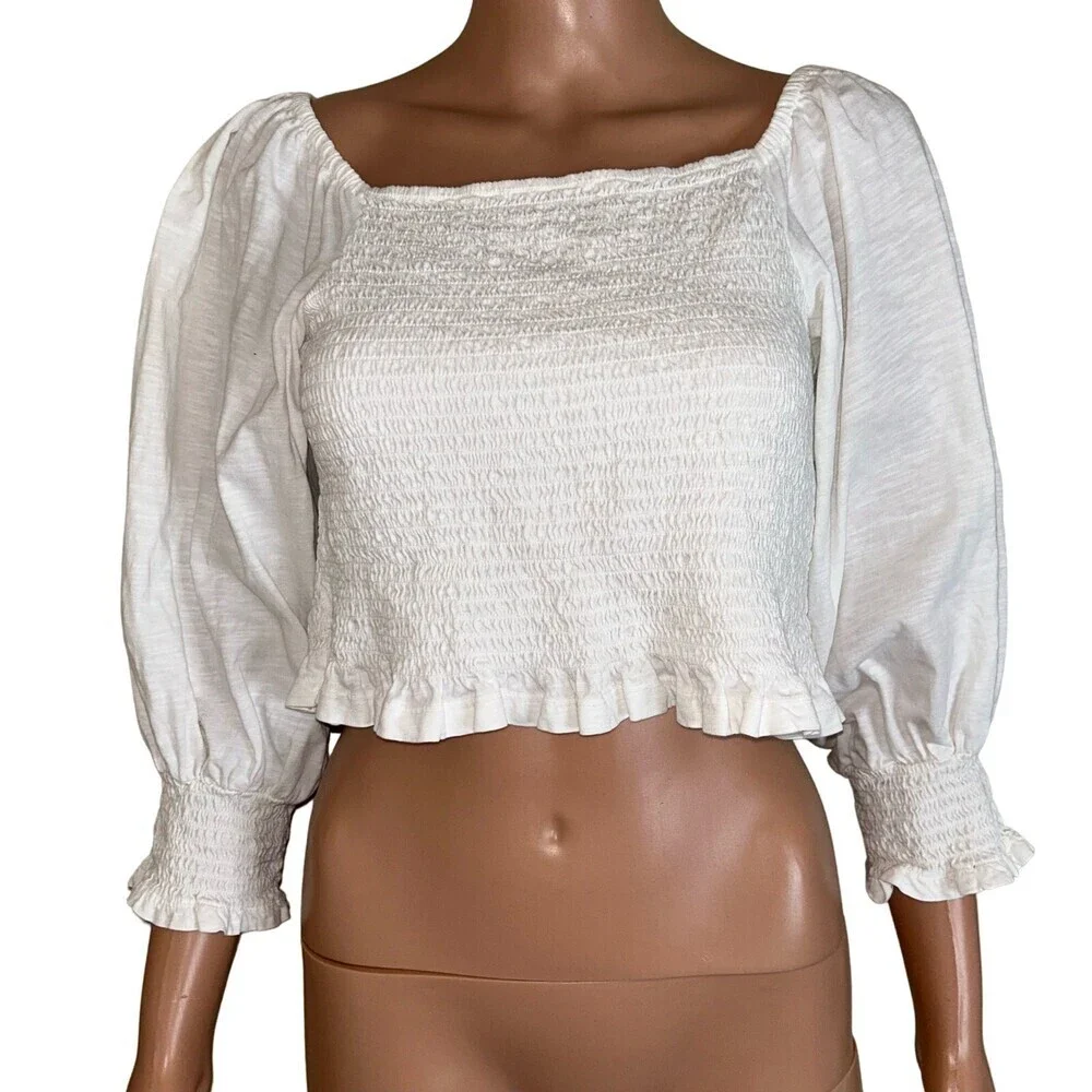 Anthropologie Pilcro Ginny Smocked Crop Top white SZ sm baloon sleeve peasant